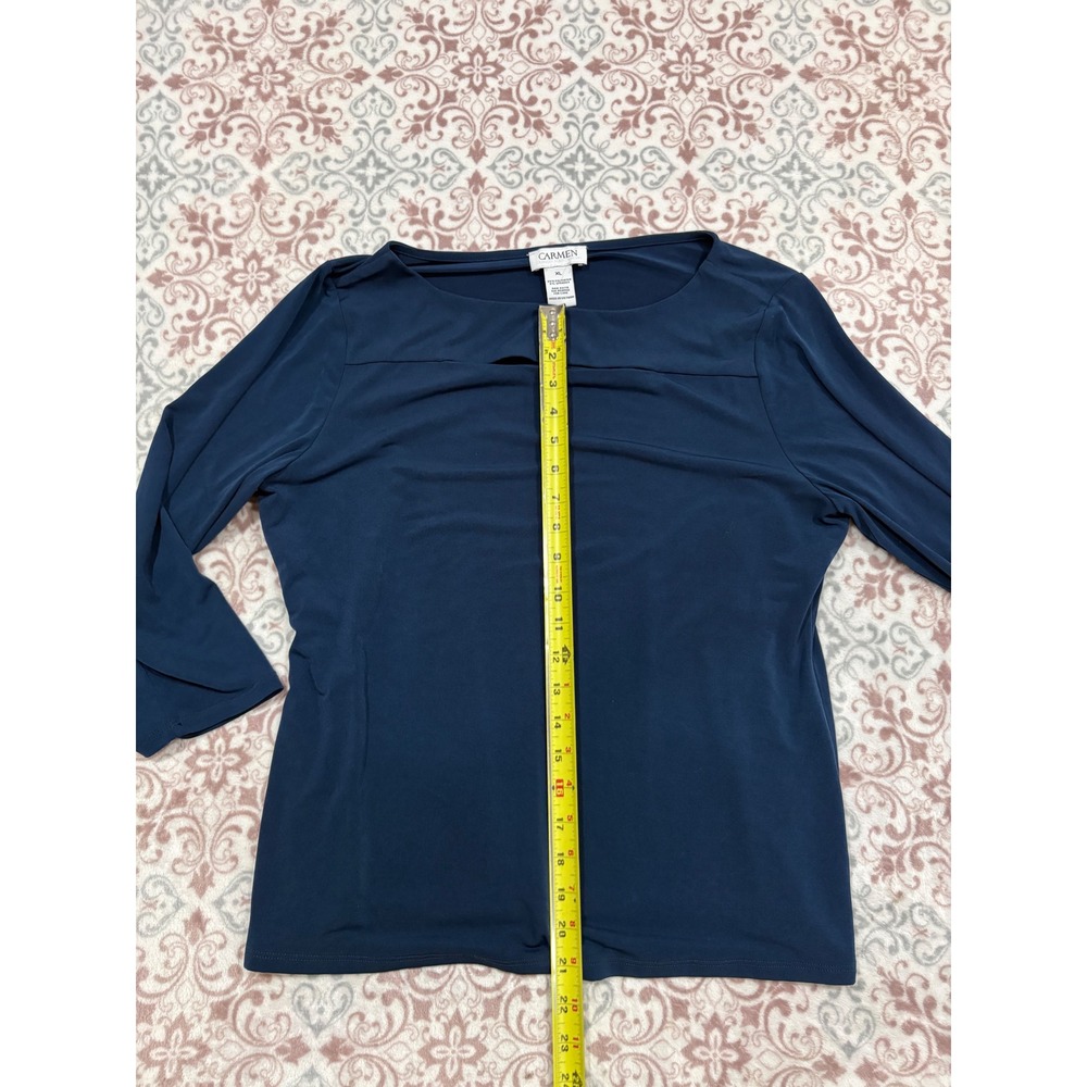 Carmen Marc Valvo Navy Blue Boat Neck Keyhole 3/4 Sleeve Blouse XL RN 93178 - Picture 5 of 7